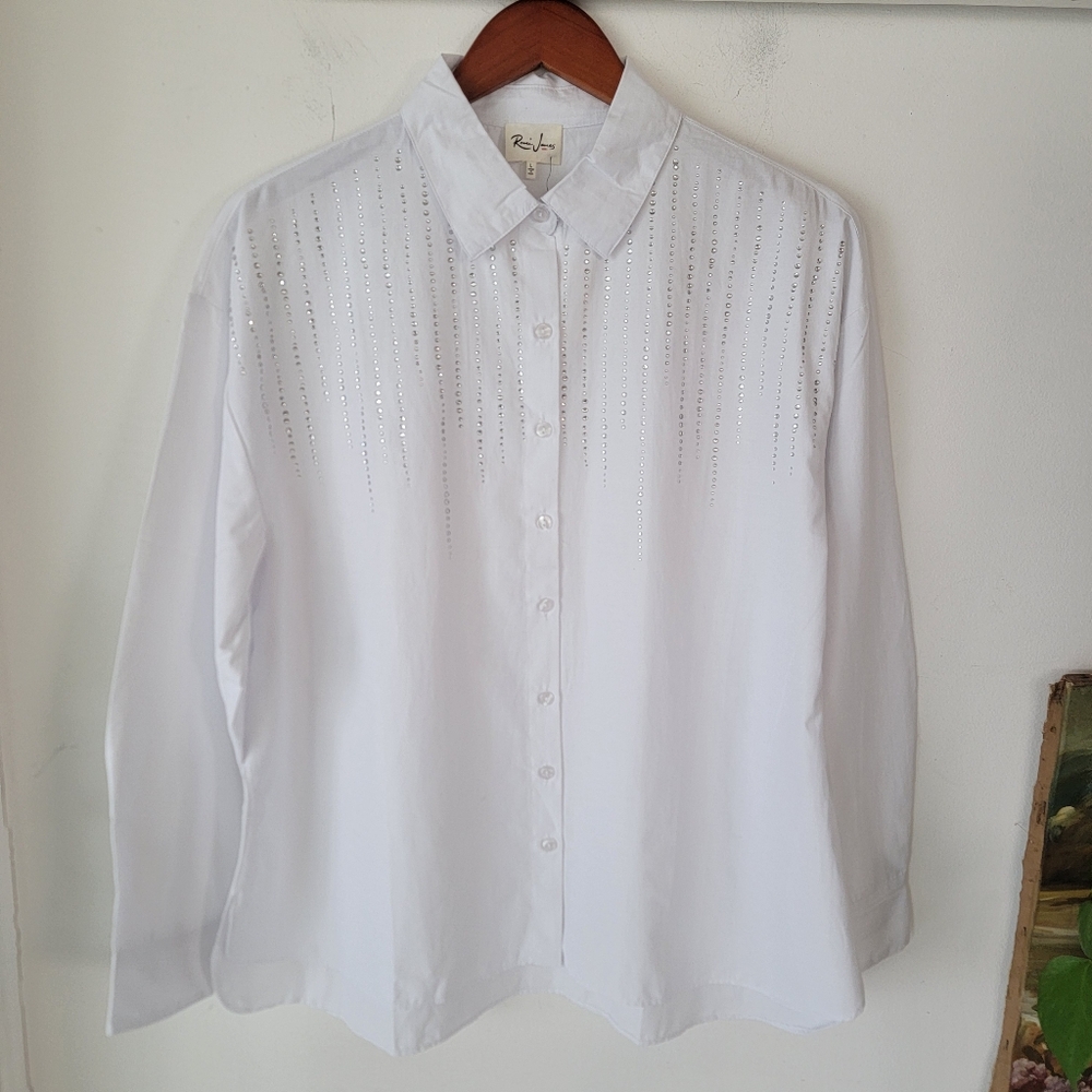 Remi James Rhinestone Embellished Long Sleeve White Shirt Size L